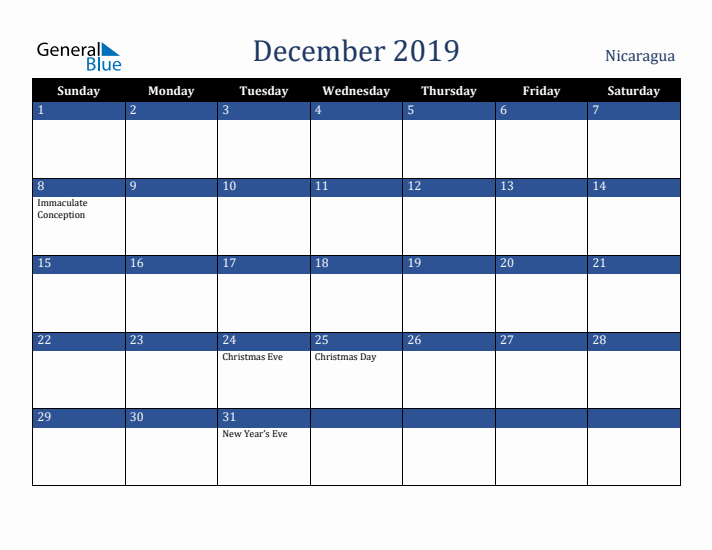 December 2019 Nicaragua Calendar (Sunday Start)