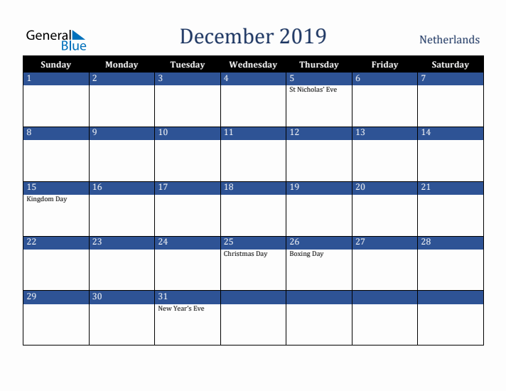December 2019 The Netherlands Calendar (Sunday Start)