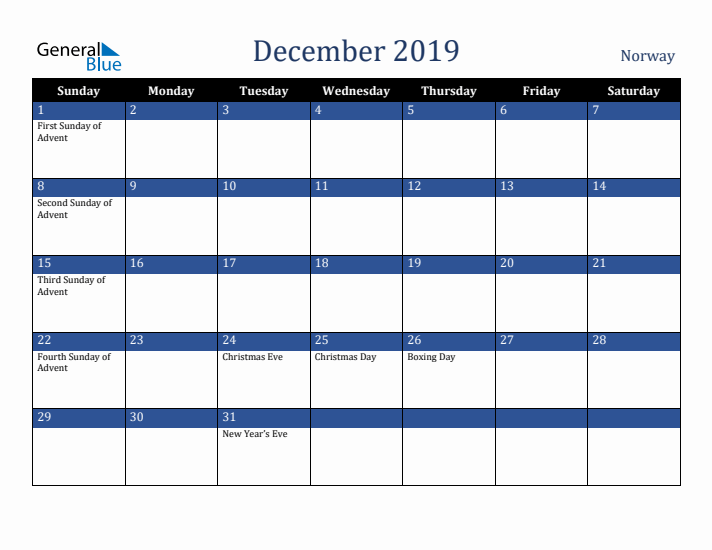 December 2019 Norway Calendar (Sunday Start)
