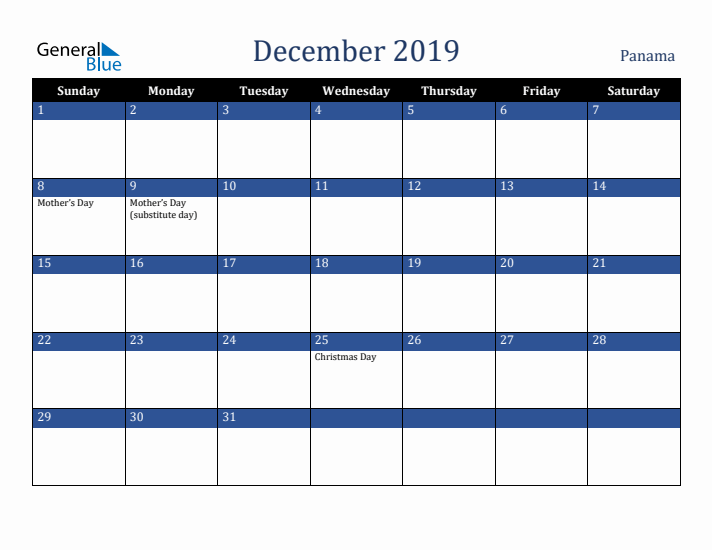 December 2019 Panama Calendar (Sunday Start)