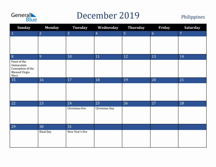 December 2019 Philippines Calendar (Sunday Start)