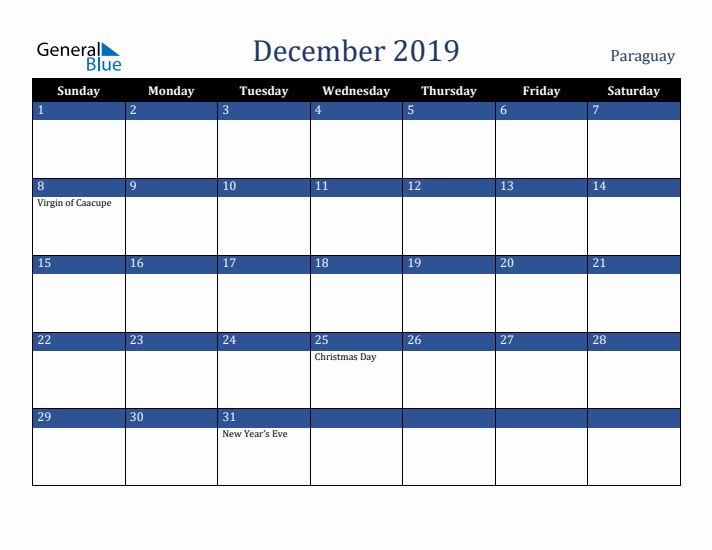 December 2019 Paraguay Calendar (Sunday Start)