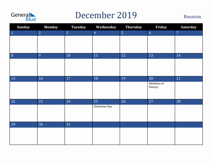 December 2019 Reunion Calendar (Sunday Start)