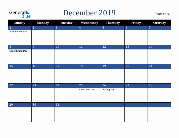 December 2019 Romania Calendar (Sunday Start)