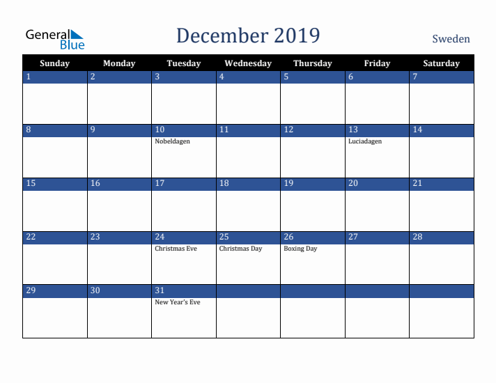 December 2019 Sweden Calendar (Sunday Start)