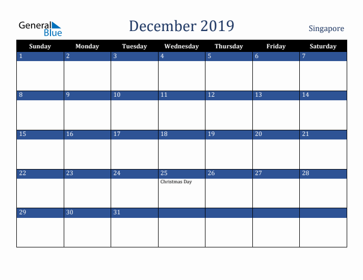December 2019 Singapore Calendar (Sunday Start)