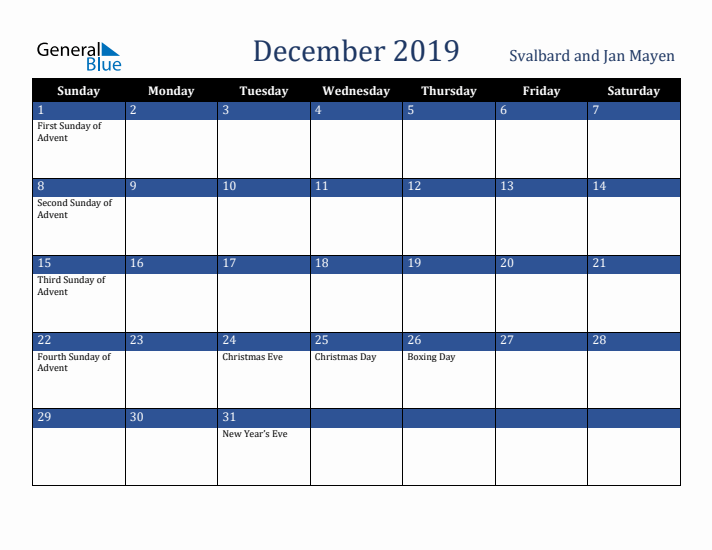 December 2019 Svalbard and Jan Mayen Calendar (Sunday Start)