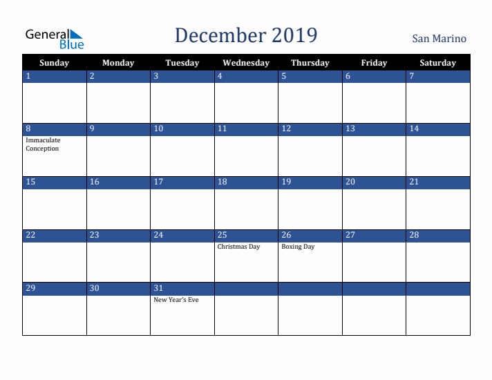 December 2019 San Marino Calendar (Sunday Start)