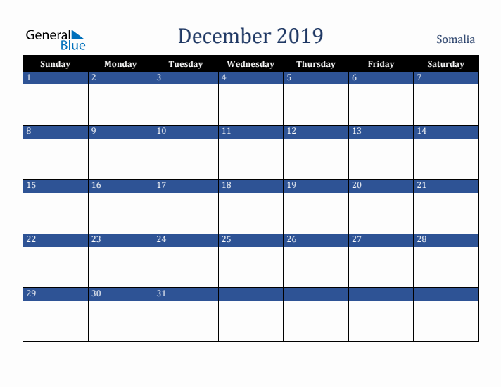 December 2019 Somalia Calendar (Sunday Start)