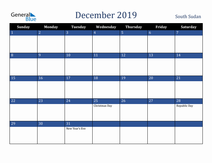 December 2019 South Sudan Calendar (Sunday Start)