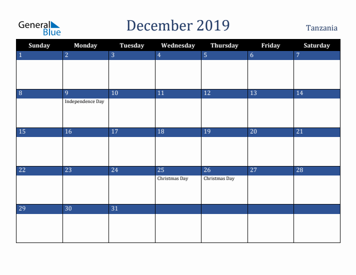 December 2019 Tanzania Calendar (Sunday Start)