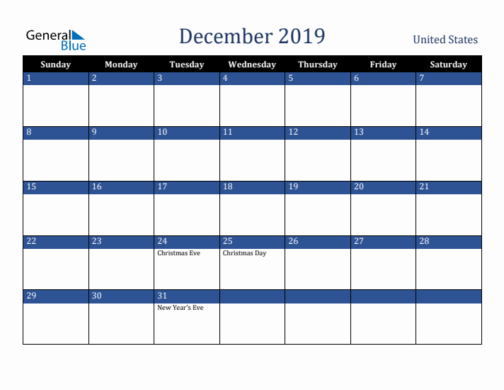December 2019 United States Calendar (Sunday Start)