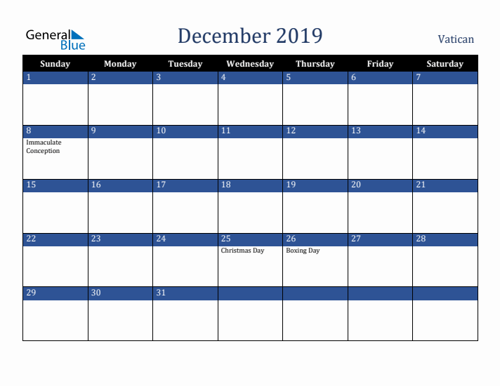 December 2019 Vatican Calendar (Sunday Start)