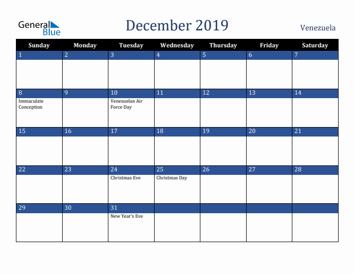 December 2019 Venezuela Calendar (Sunday Start)