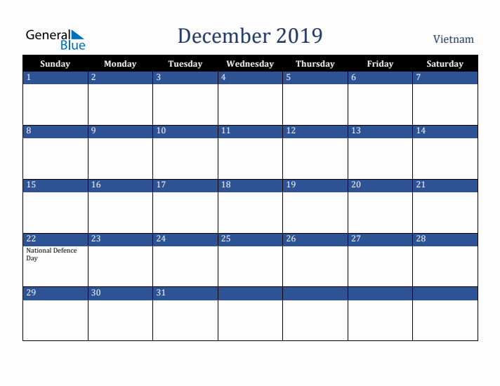 December 2019 Vietnam Calendar (Sunday Start)