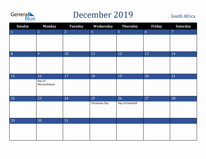 December 2019 South Africa Calendar (Sunday Start)