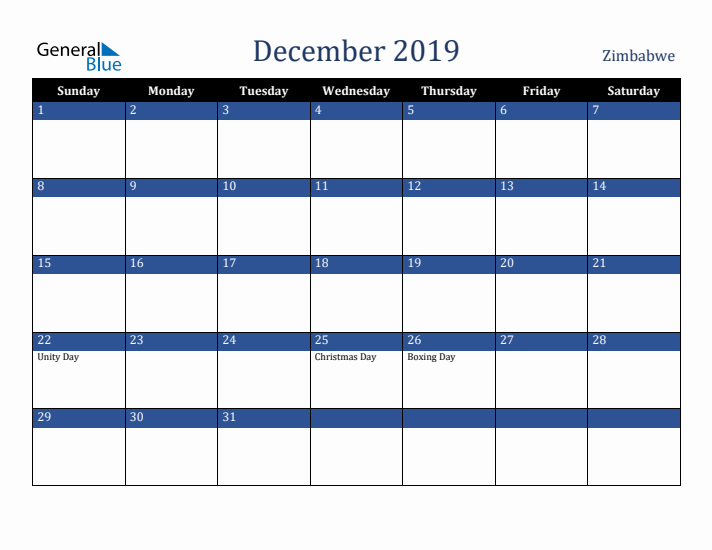 December 2019 Zimbabwe Calendar (Sunday Start)