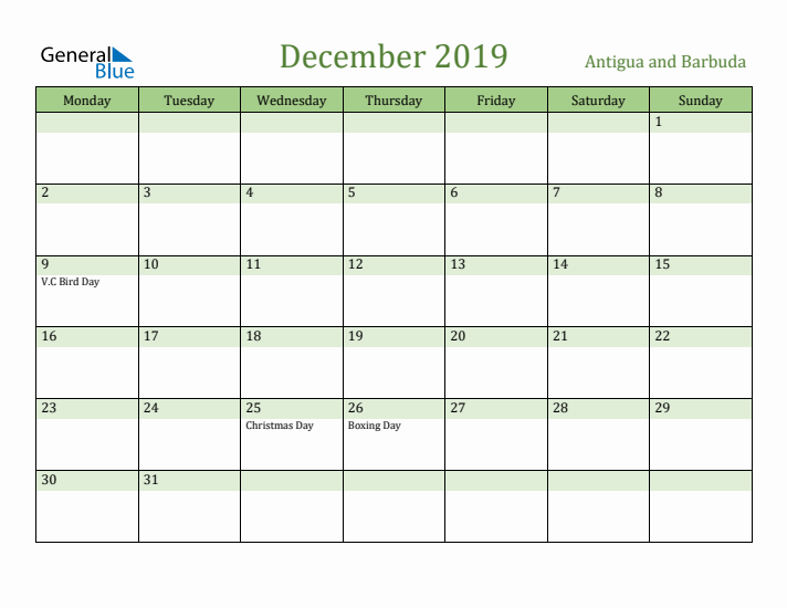 December 2019 Calendar with Antigua and Barbuda Holidays