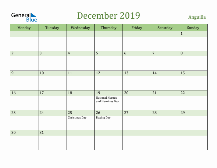 December 2019 Calendar with Anguilla Holidays