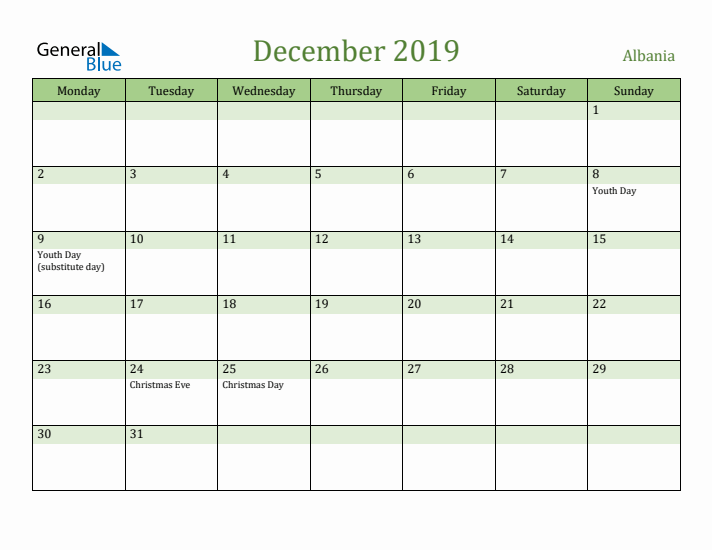 December 2019 Calendar with Albania Holidays