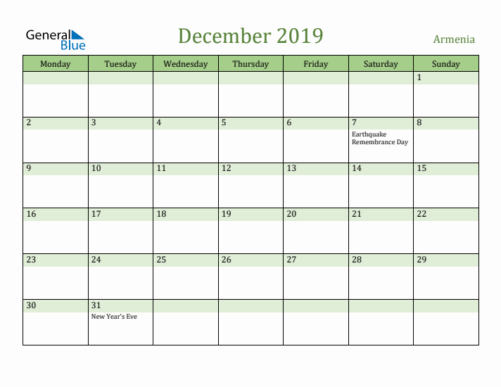 December 2019 Calendar with Armenia Holidays