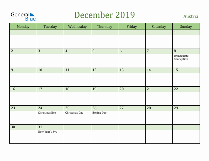 December 2019 Calendar with Austria Holidays