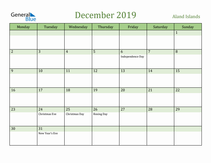 December 2019 Calendar with Aland Islands Holidays