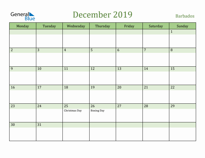 December 2019 Calendar with Barbados Holidays