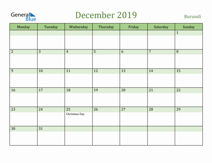 December 2019 Calendar with Burundi Holidays