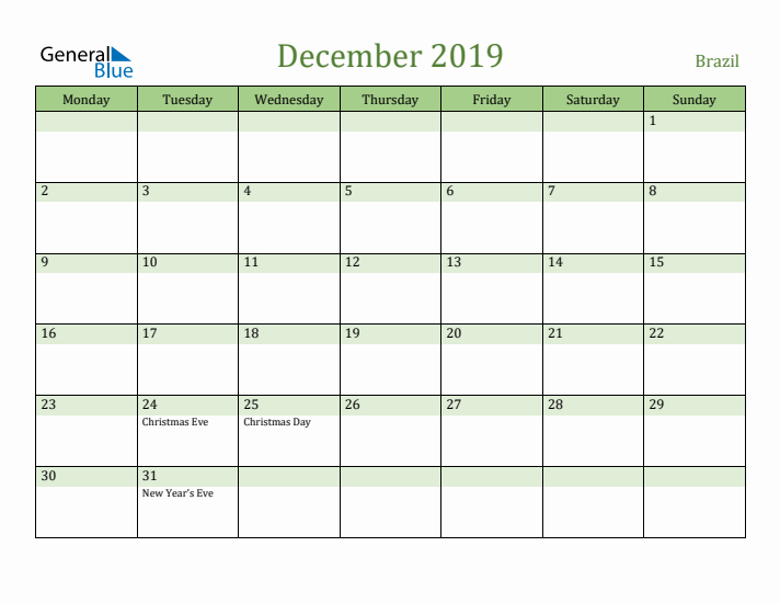 December 2019 Calendar with Brazil Holidays