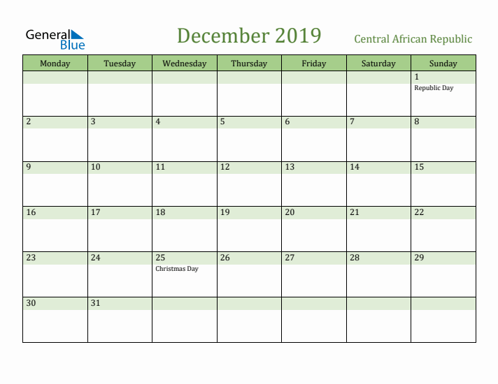 December 2019 Calendar with Central African Republic Holidays