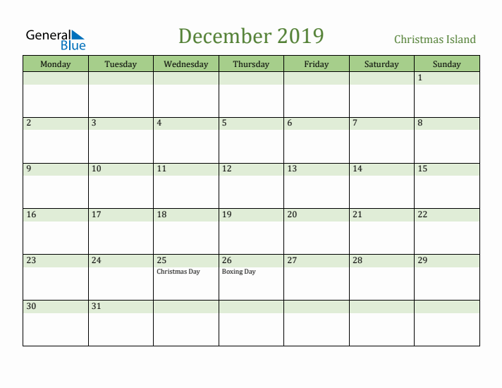 December 2019 Calendar with Christmas Island Holidays