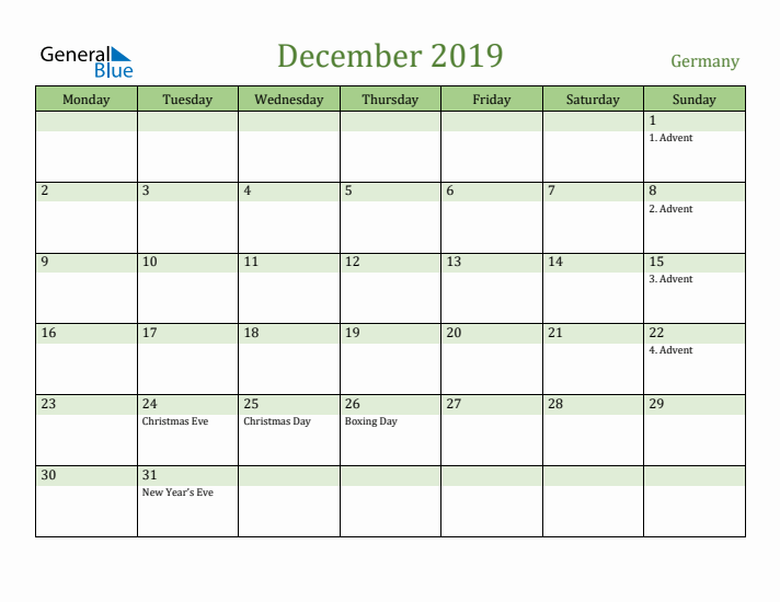 December 2019 Calendar with Germany Holidays