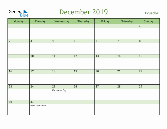 December 2019 Calendar with Ecuador Holidays