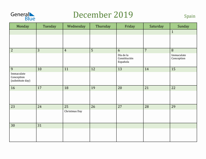 December 2019 Calendar with Spain Holidays