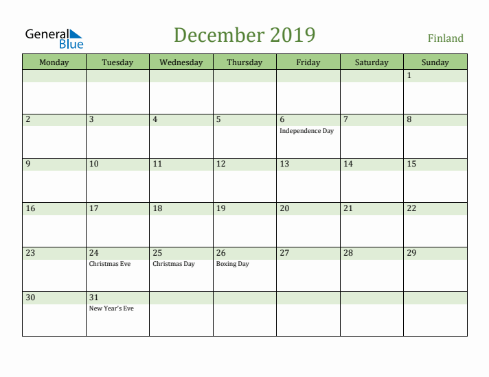 December 2019 Calendar with Finland Holidays