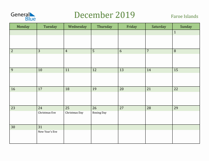 December 2019 Calendar with Faroe Islands Holidays