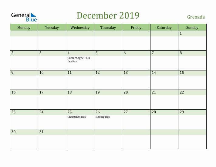 December 2019 Calendar with Grenada Holidays