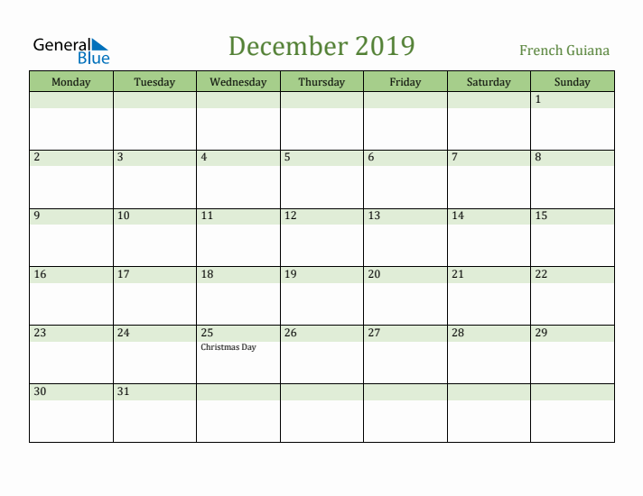 December 2019 Calendar with French Guiana Holidays