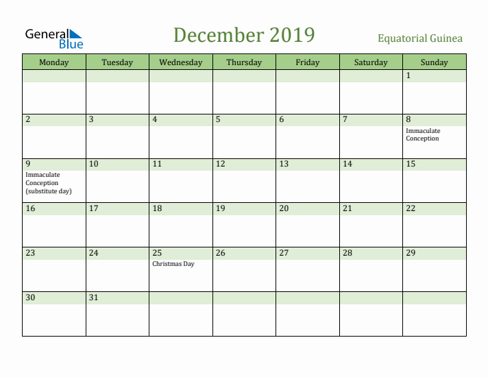 December 2019 Calendar with Equatorial Guinea Holidays