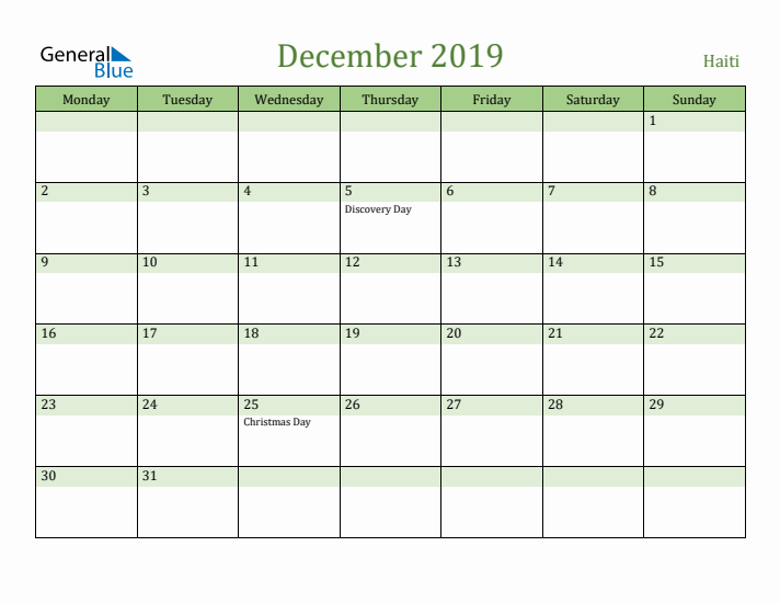 December 2019 Calendar with Haiti Holidays