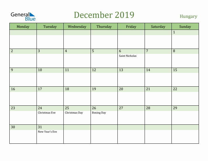 December 2019 Calendar with Hungary Holidays