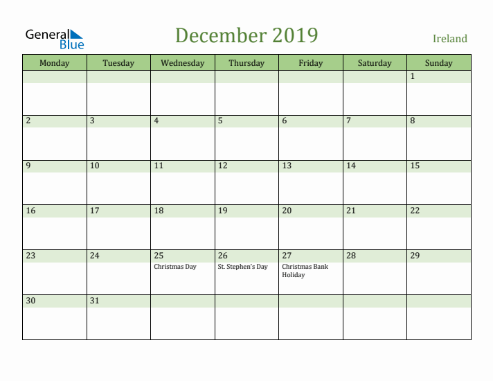 December 2019 Calendar with Ireland Holidays