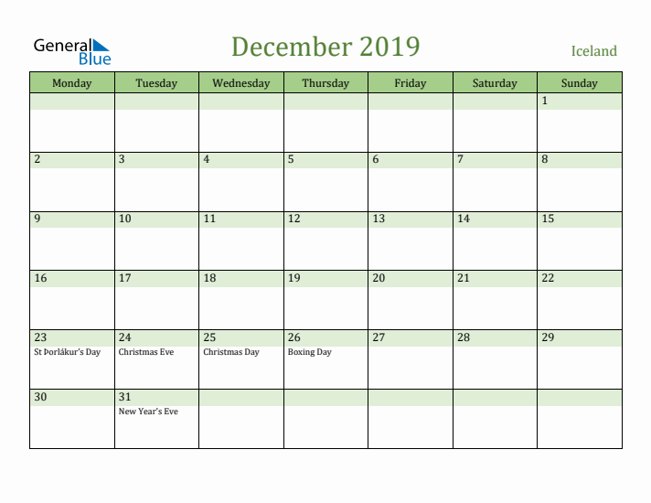 December 2019 Calendar with Iceland Holidays