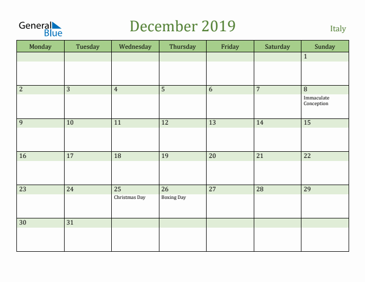 December 2019 Calendar with Italy Holidays