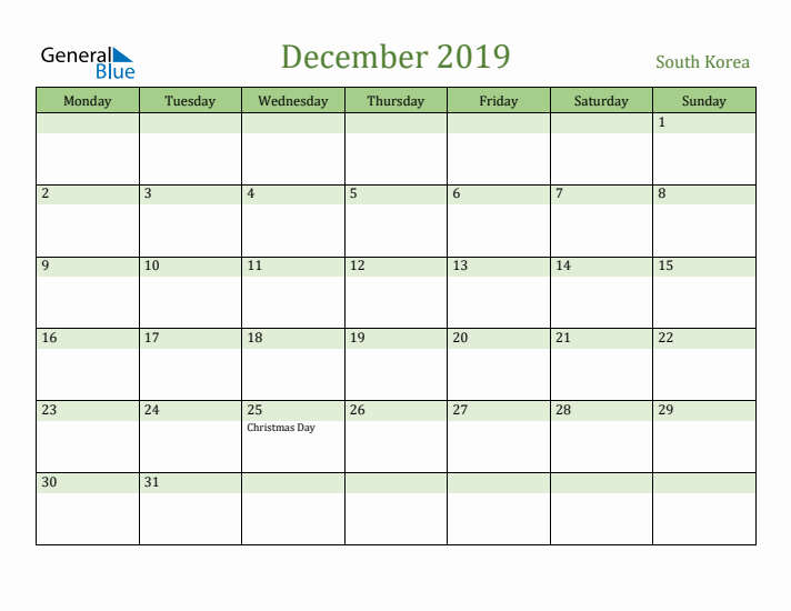 December 2019 Calendar with South Korea Holidays