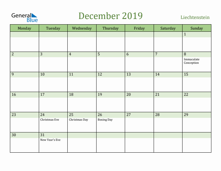 December 2019 Calendar with Liechtenstein Holidays