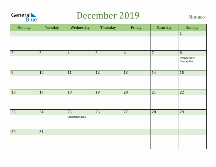 December 2019 Calendar with Monaco Holidays