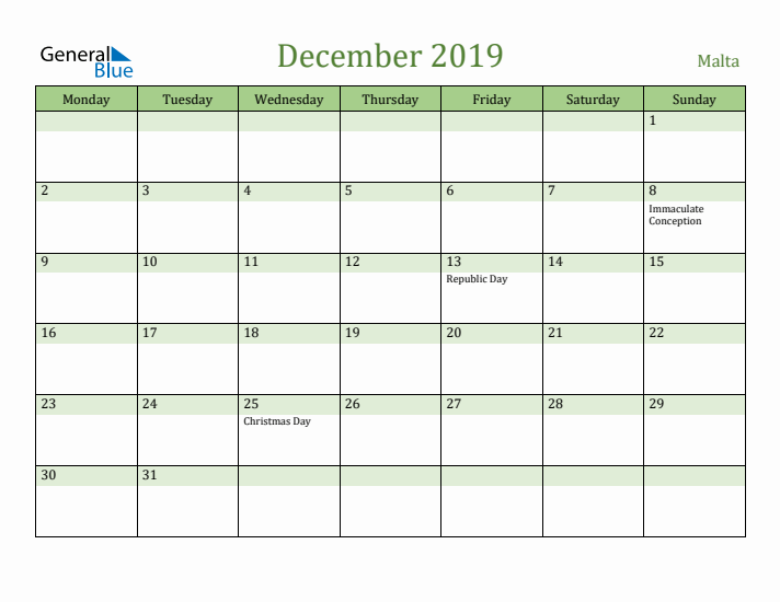 December 2019 Calendar with Malta Holidays