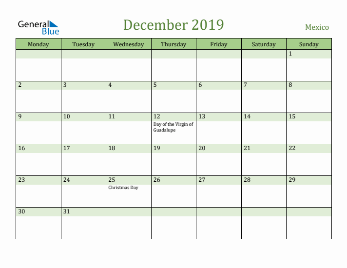 December 2019 Calendar with Mexico Holidays